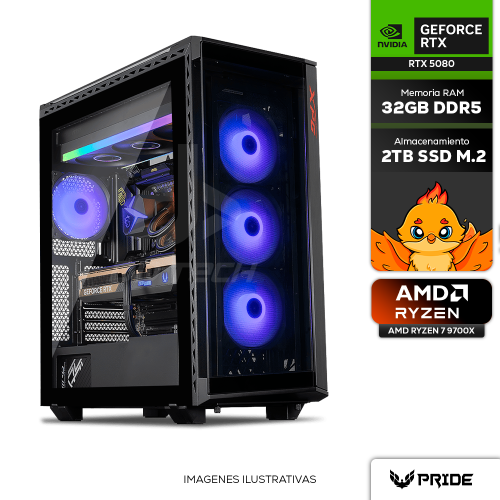 Computadora PRIDE GAMING CALIPSO V2, NVIDIA GeForce RTX 5080, AMD Ryzen 7 9700X, 32GB RAM DDR5, 2TB SSD M.2 NVMe, ENF. LIQ. 360MM RGB, 1000W 80+ GOLD, Incluye WIFI Y BT