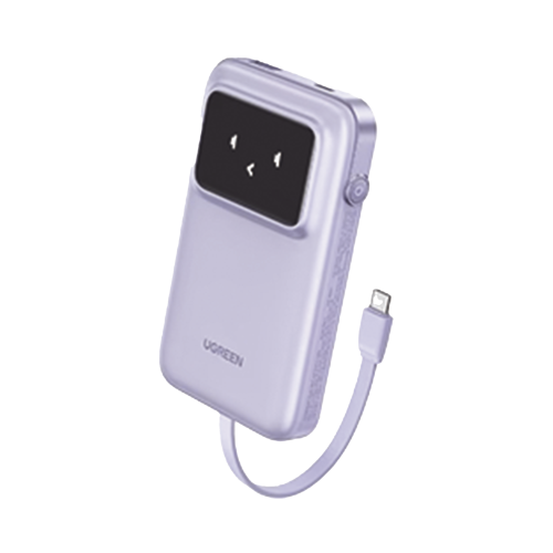 UGREEN 35604B Power Bank Serie Uno | 10000mAh | 30W | con Cable USB-C Incorporado | 2 Salidas 30W Max. | Pantalla Inteligente | Carcasa Ignifuga | Aprobado por Aerolíneas.| Color Purple.