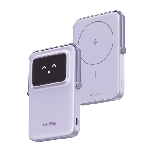 UGREEN 35606 Power Bank Inalambrico | 5000mAh | 7.5W | Con Emojis de Estado | Carga Rápida USB-C Bidireccional | Pantalla TFT Inteligente | 13 niveles de Proteccion | Con Holder | Color Purple.