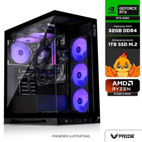 Computadora PRIDE GAMING XPG XENIA, AMD Ryzen 5 5500 4.2GHz, RTX 3060, 32GB RAM, 1000GB M.2, Enfriamiento Liquido 240mm, 650W 80+ Bronze