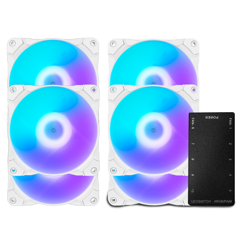 Kit de 6 ventiladores Munfrost SUNFLOWER, Compatible con Aura Sync., ARGB, Controlador incluido Aparte, MFB, Anti-Vibraciones, Blanco