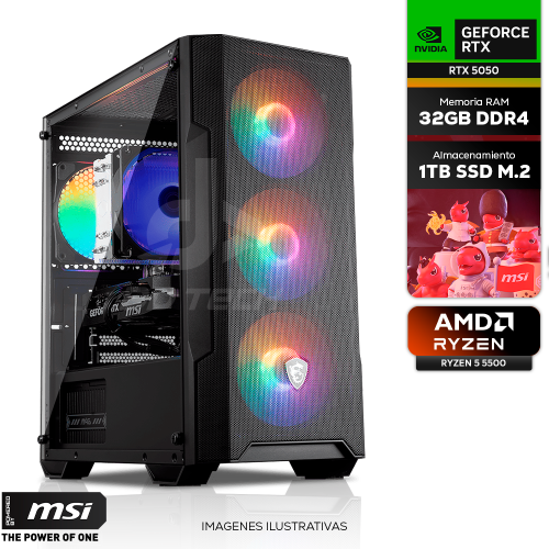 Computadora PRIDE MSI SHARK, NVIDIA GeForce RTX 5050, AMD Ryzen 5 5500, 32GB RAM 3200MHZ, 1TB M.2 NVME, 550W 80+ BRONZE, INCLUYE WIFI Y BT