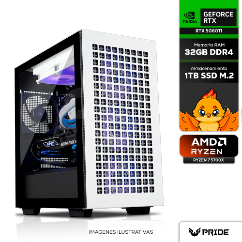 Computadora PRIDE GA3MING ARTIC FOX, AMD Ryzen 7 5700X, NVIDIA GeForce RTX 5060 TI 8GB, 32GB RAM, 1TB SSD M.2 /650W 80+ BRONZE, INCLUYE WIFI Y BT