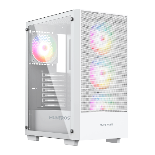 Gabinete Munfrost Alpha White, Cristal templado, ARGB Sync, Controlador de ventiladores, Atx - Micro ATX - Mini ITX, 4 Ventiladores ARGB incluido