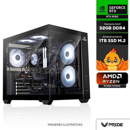 Computadora PRIDE GAMING FACTOR BLACK, RTX 4060, AMD RYZEN 7 5700X, 32GB RAM, 1TB SSD M.2, ENF. LIQ. 240MM, 650W 80+ BRONZE, Incluye WIFI Y BT