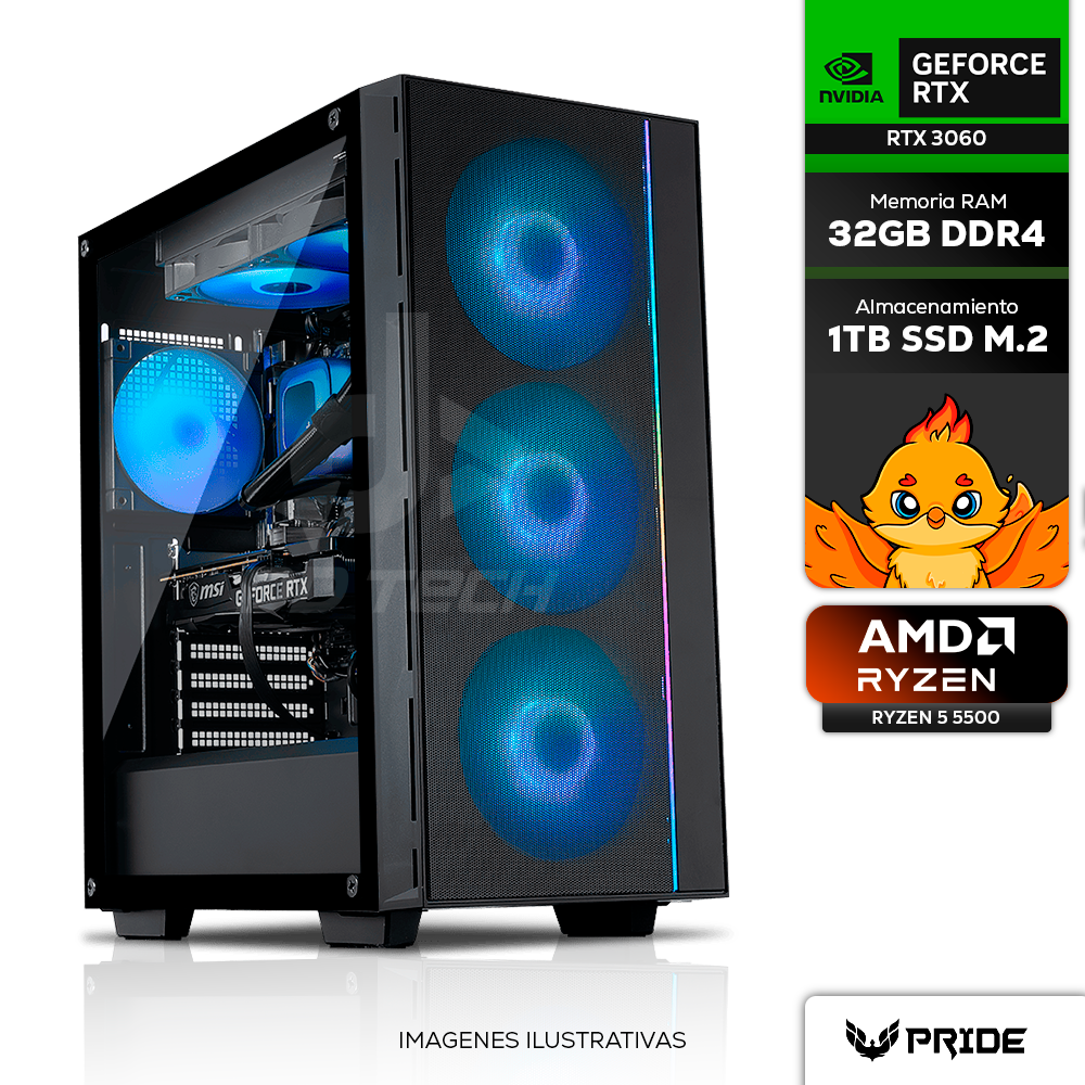 Computadora PRIDE GAMING FERRET PRO, AMD Ryzen 5 5500, RTX 3060 12GB, 32GB RAM, 1TB SSD, ENFRIAMIENTO LIQUIDO RGB, 650W 80+ BRONZE, INCLUYE WIFI