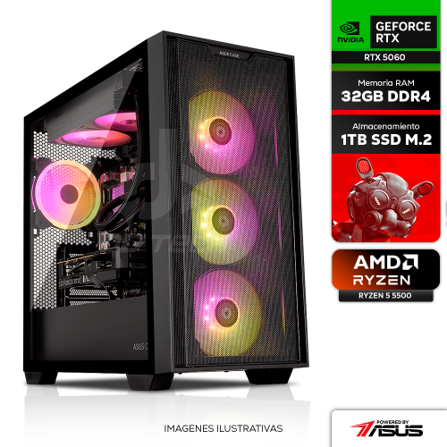 Computadora PRIDE GAMING PBA AROD, RTX 5060, AMD RYZEN 5 5500, 32GB RAM 3200MHZ, SSD M.2 1TB, 650W 80+ BRONZE /