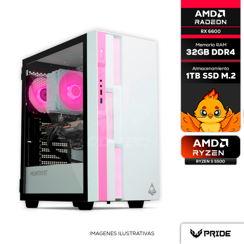 Computadora PRIDE GAMING FERRET V2/ AMD Ryzen 5 5500, RX 6600 8GB, 32GB RAM, 1TB SSD M.2, DISIPADOR POR AIRE 120MM, 750W 80+ BRONZE /