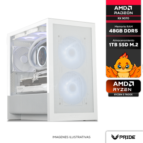 Computadora PRIDE GAMING NZXT H3, AMD RYZEN 5 7600X, AMD Radeon RX 9070 16GB, 48GB RAM DDR5, 1TB M.2 NVME, 1000W 80+ GOLD, INCLUYE WIFI Y BT, UNICA PIEZA