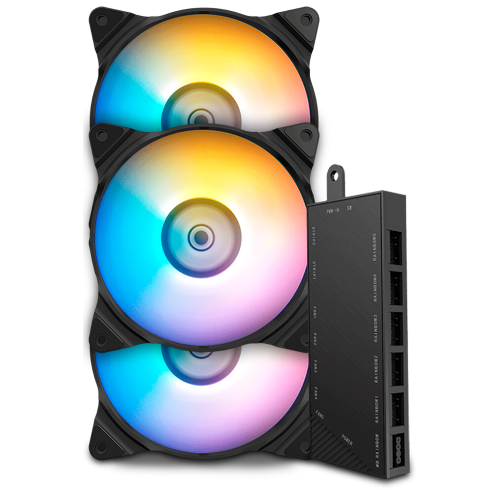 Kit de 3 ventiladores Munfrost Solar Wind RGB, Compatible con Aura Sync etc., ARGB, Controlador incluido, anti-vibraciones /