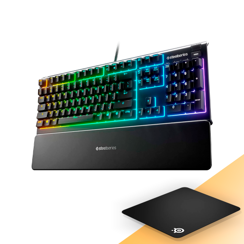 Teclado Gamer SteelSeries Apex 3, Iluminación RGB de 10 zonas, IP32 Resistente al Agua, US, 64795/ SS%OFF, INCLUYE MOUSEPAD STEELSERIES DE REGALO, NAVSTEEL