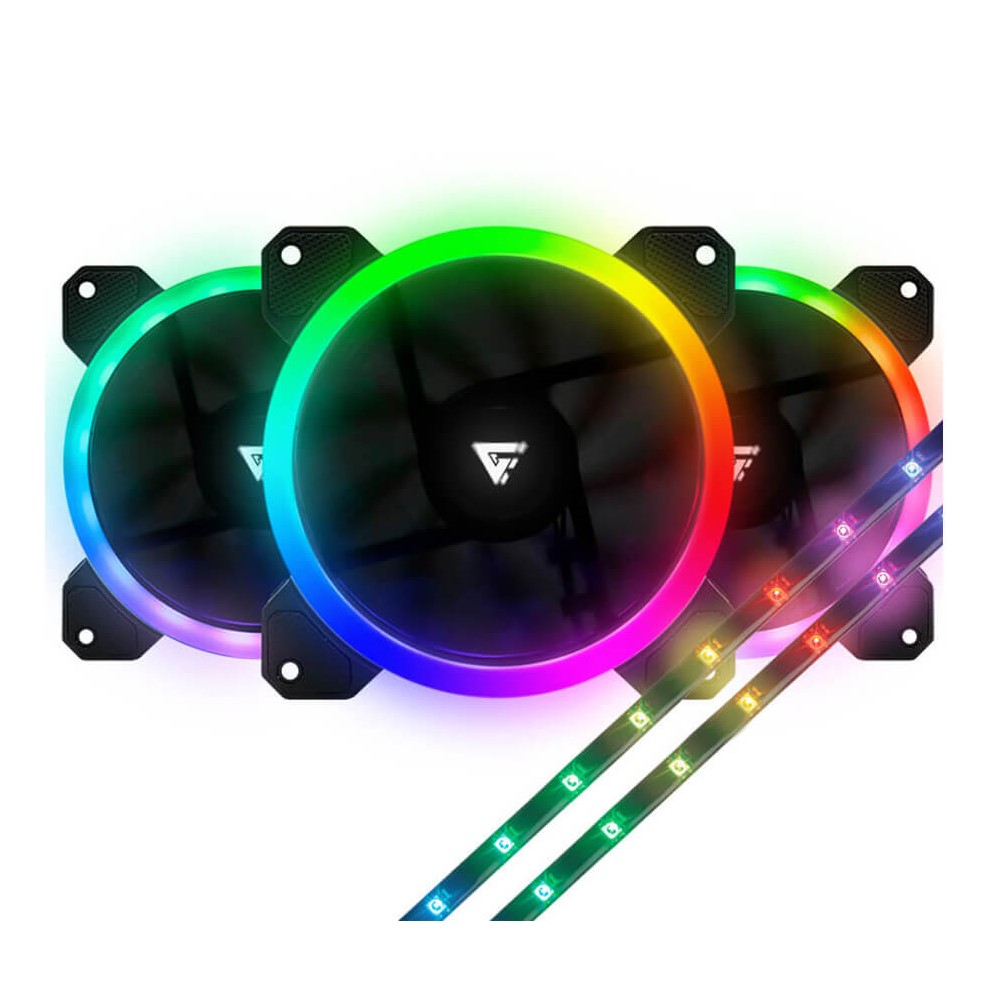 Kit de Ventiladores Game Factor FKG400, 3 Ventiladores 120mm RGB + Controlador + 2 Tiras Led RGB + Control remoto