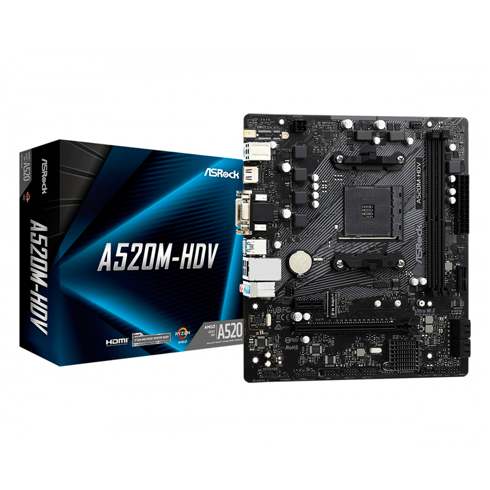 Tarjeta Madre ASRock Micro ATX A520M-HDV, Socket AM4, AMD A520, HDMI, Up to 64GB DDR4, No es Compatible con Ryzen 5 3400G y Ryzen 3 3200G, A520M-HDV