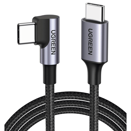 UGREEN 50123 Cable USB-C a USB-C | 1 Metro | Conector con Ángulo Recto de 90° | Carga Rápida de hasta 60W | 480 Mbps | PD3.0 | QC4.0/3.0/2.0 | FPC | AFC | Protección Integrada| Caja de Aluminio | Nylon Trenzado | Color Negro.