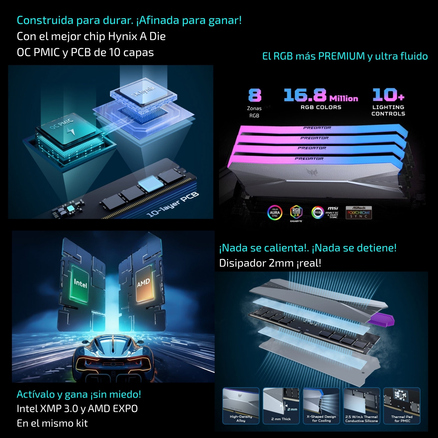 Kit Memoria RAM RGB PREDATOR Hera DDR5, 6400 MT/s, 64GB (2x32GB), Non ECC, XMP 3.0 y AMD EXPO, CL32, Color Plata, Chip Hynix A Die, OC PMIC, RGB Premium, Disipador 2mm, BL.9BWWR.530, NEWB, NEWB2 /MAX. 1 X CLIENTE - Image 4