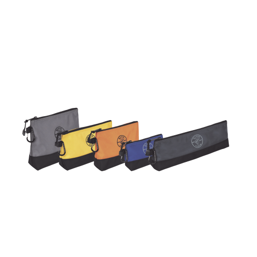 KLEIN TOOLS 55569 KIT 5 Bolsos Ultra Resistentes para Herramientas con Base y cierre Zipper, Colores: gris claro, amarillo, naranja, azul, gris oscuro. Todos con Mosquetones de Aluminio.