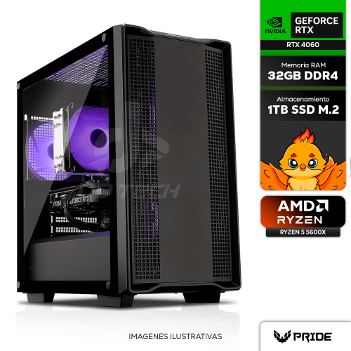 Computadora PRIDE GAMING BEETLE BLACK V2, NVIDIA GeForce RTX 4060, AMD Ryzen 5 5600X, 32GB RAM, SSD M.2 1TB, DISIPADOR 120MM, 650W 80+ BRONZE, INCLUYE WIFI Y BT