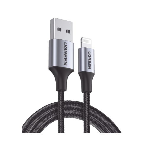 UGREEN 60156 Cable USB-A a Lightning | 1 Metro | Certificado MFi | Carga Rápida 5V/2.4 A | 480 Mbps | Conector C94 | Adecuado para iPhone, iPad y iPod | Protección Integrada | Caja de Aluminio | Nylon Trenzado | Color Negro.