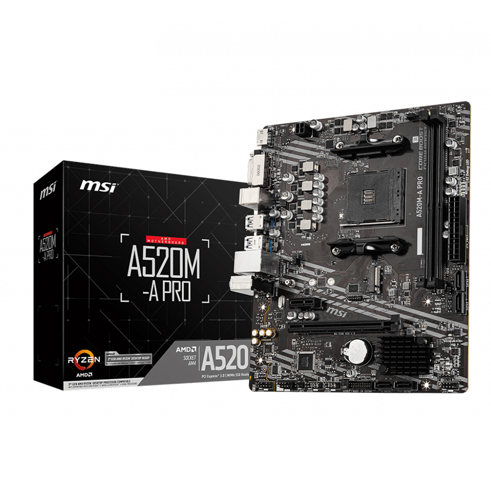 Tarjeta Madre MSI A520M-A PRO, AM4, AMD RYZEN 3000 SERIES, Micro-ATX