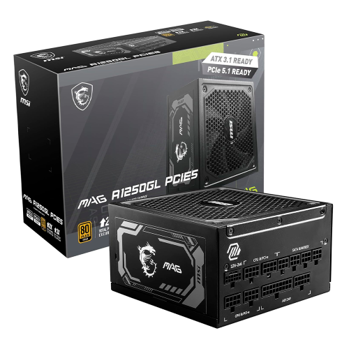 Fuente de poder MSI MAG 1250GL PCIE 5, ATX 3.1 y PCIE 5.1 Ready, Full Modular, 80+ Gold 1200W, ATX, MAG A1250GL PCIE5