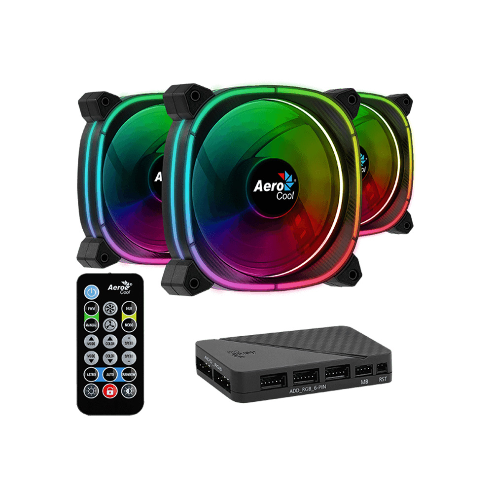 Kit de Ventiladores Aerocool Astro 12 PRO, 120mm, ARGB, Conector 12V ARGB, Controlador + Control incluido