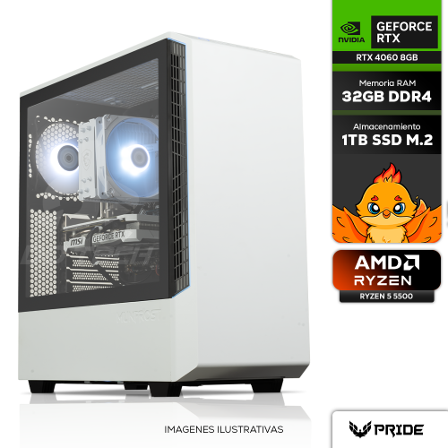 Computadora PRIDE GAMING WHITE WOLF V2, PANDA, NVIDIA GeForce RTX 4060 8GB, AMD Ryzen 5 5500, 32GB RAM DDR4, SSD 1TB M.2 NVME, 650W 80+ BRONZE, INCLUYE WIFI Y BT