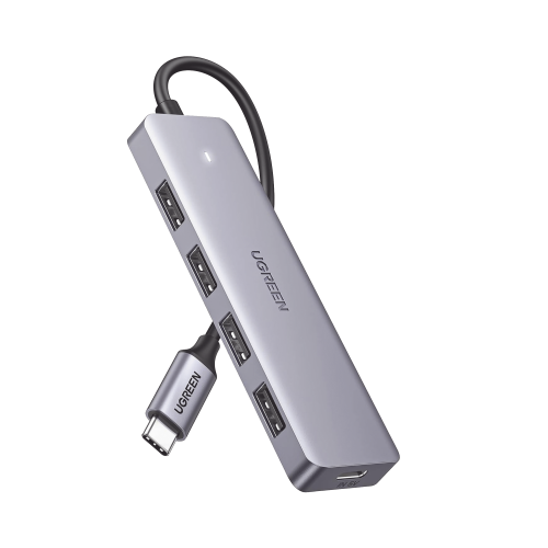 UGREEN 70336 HUB USB-C 3.0 4 EN 1 | 4 Puertos USB-A (5Gbps) | Carcasa ABS + PC | Soporta OTG | Luz Indicadora LED | Compatible con iPhone 15 Pro MAX) | Interfaz Niquelada | Color Gris Metalizado | Cable de 15cm.
