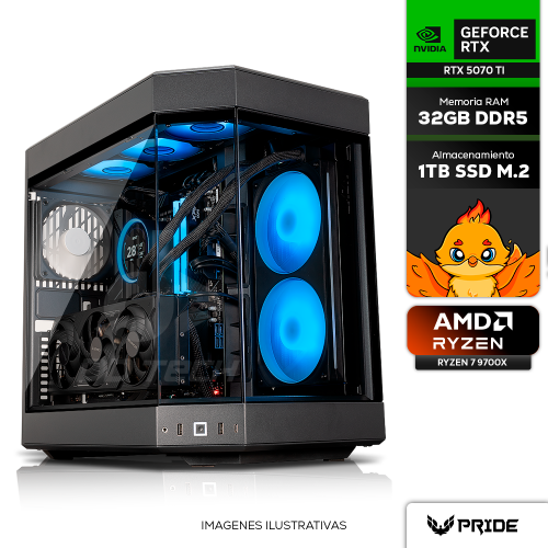 Computadora PRIDE GAMING CROW, RTX 5070 TI, AMD RYZEN 7 9700X, 32GB DDR5 6000 MT/s, SSD M.2 1TB, 750W 80+ GOLD, INCLUYE WIFI Y BT