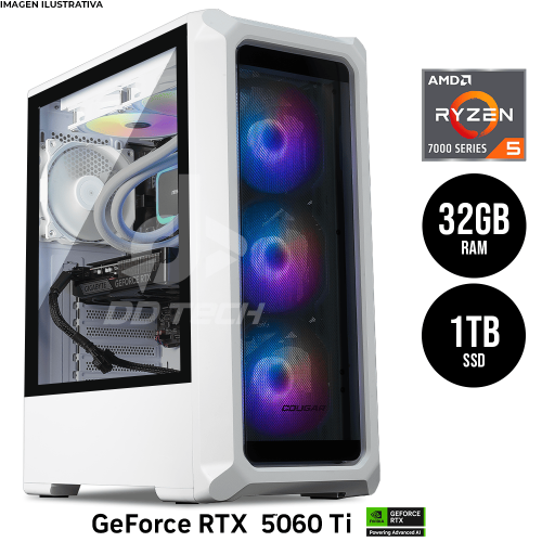 Computadora PRIDE GAMING HARPY, NVIDIA GeForce RTX 5060 TI, AMD RYZEN 5 7600X, 32GB RAM DDR5, 1TB M.2 NVME, 750W 80+ BRONZE /