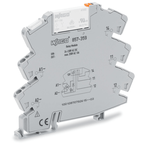 WAGO 857-359 Módulo con Relé WAGO 857-359, 24V … 230V AC/DC, Corriente Permanente Límite 6 A, Un Inversor, Indicador de Estado Amarillo, Montaje en Carril DIN-35, Aislamiento Reforzado
