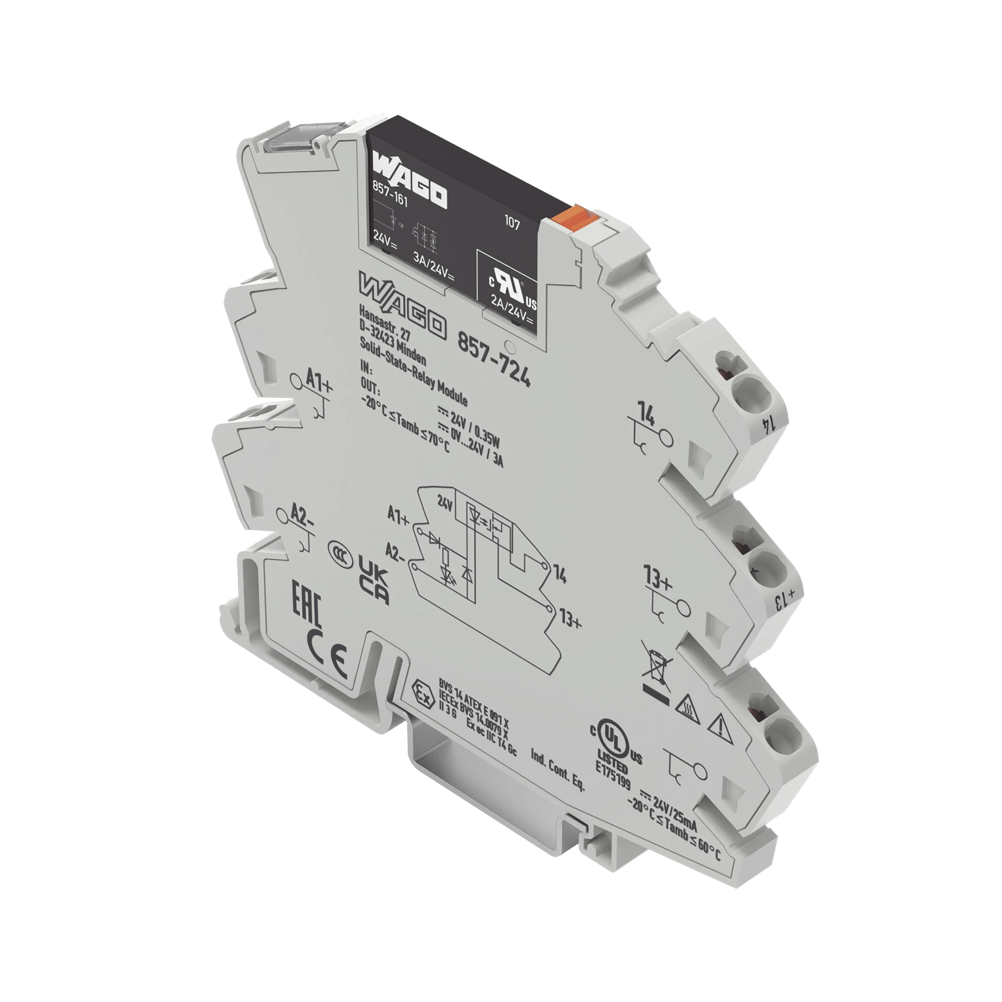 WAGO 857-724 Relé estado sólido 24 vcc; rango de tensión de salida 0…24 vdc corriente permanente limite 3A