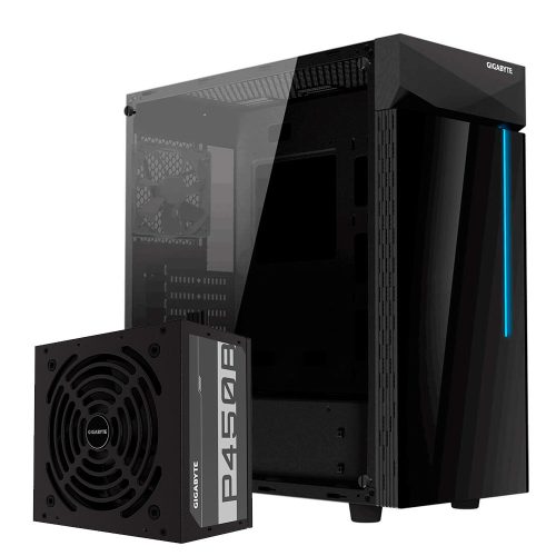 Bundle Gabinete Gigabyte C200 Glass + Fuente de poder Gigabyte P450B, 450W, 80+ Bronze, RGB Led, Cristal Templado, ATX, USB 3.0
