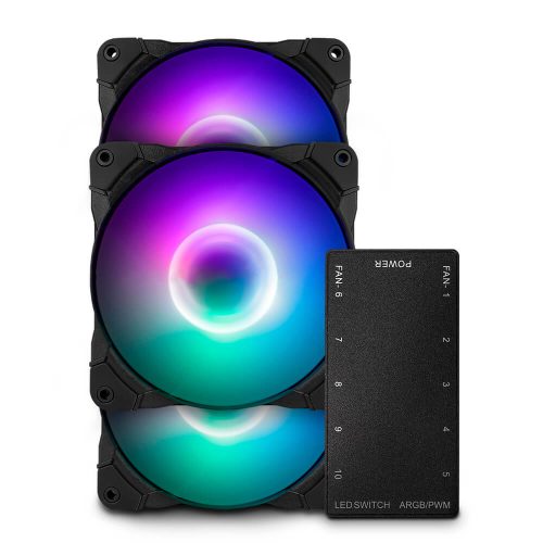 Kit de 3 ventiladores Munfrost SUNFLOWER, Compatible con Aura Sync etc., ARGB, Controlador incluido, MFB /anti-vibraciones, OFFMUNFROST