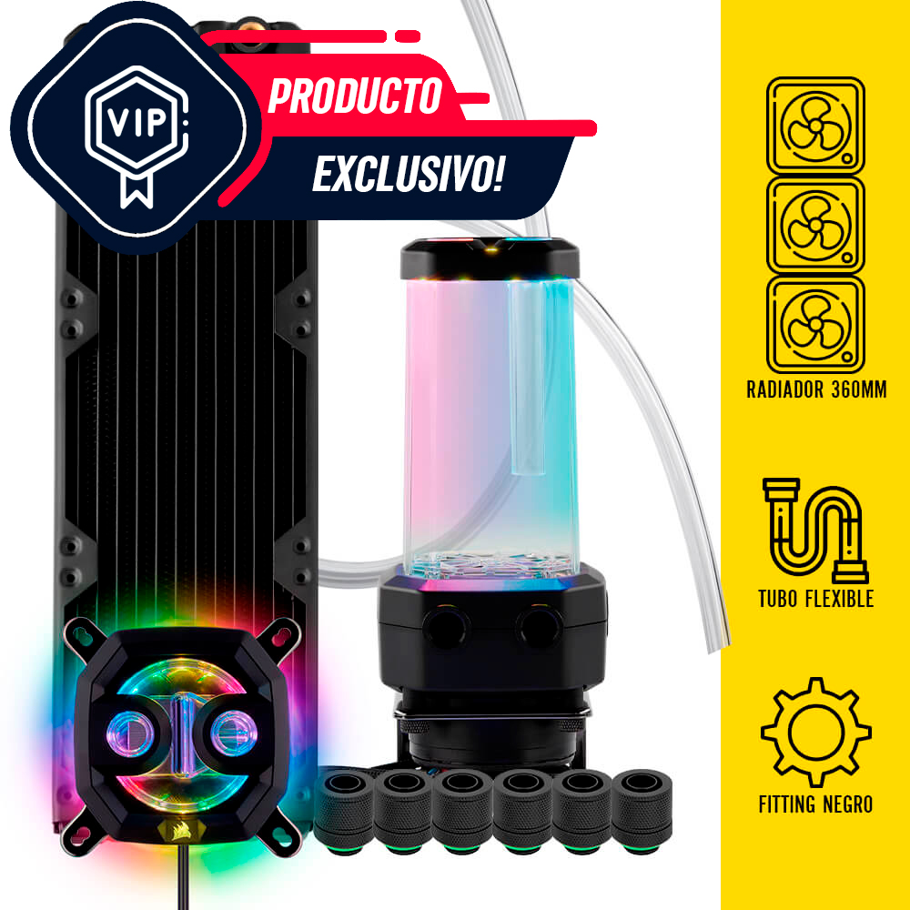 Kit refrigeración liquida personalizada Corsair Hydro X Series, Flexible, 360mm, Incluye bloque, bomba/depósito, radiador 360mm, conectores y tubo flexible