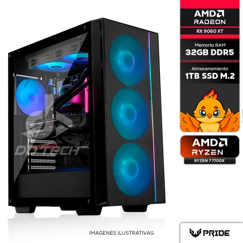 Computadora PRIDE GAMING VIPER PRO V2, AMD RADEON RX 9060 XT 8GB, AMD Ryzen 7 7700X, 32GB RAM, 1TB M.2 NVME, 750W 80+ BRONZE, INCLUYE WIFI Y BT