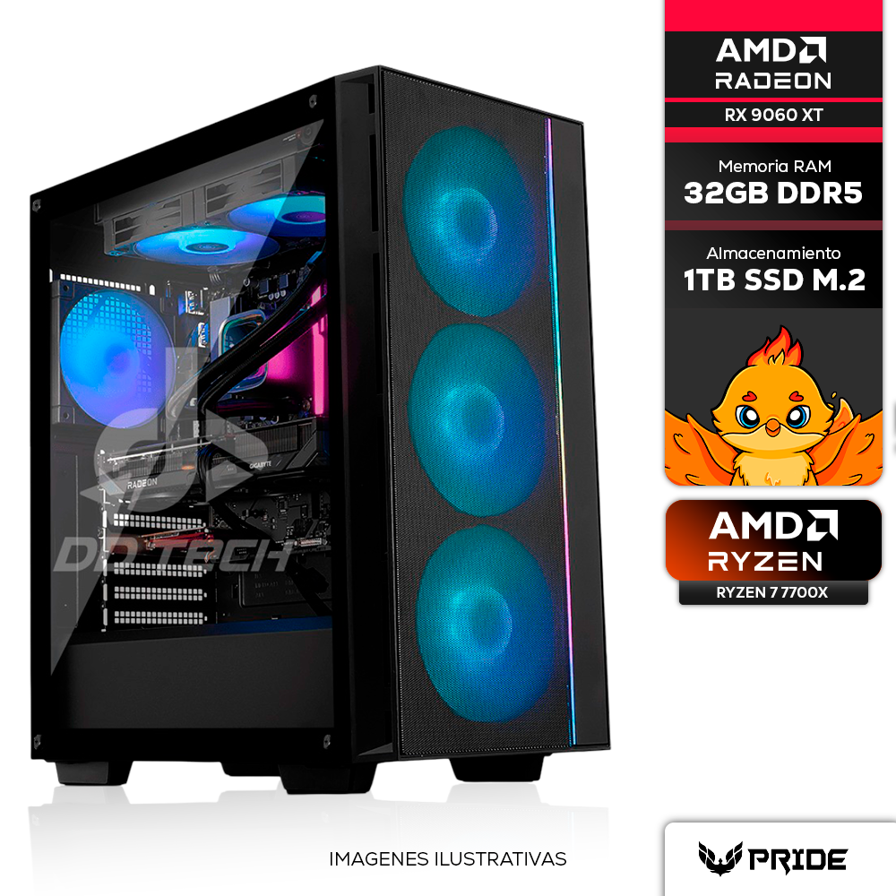 Computadora PRIDE GAMING VIPER PRO V2, AMD RADEON RX 9060 XT 8GB, AMD Ryzen 7 7700X, 32GB RAM, 1TB M.2 NVME, 750W 80+ BRONZE, INCLUYE WIFI Y BT