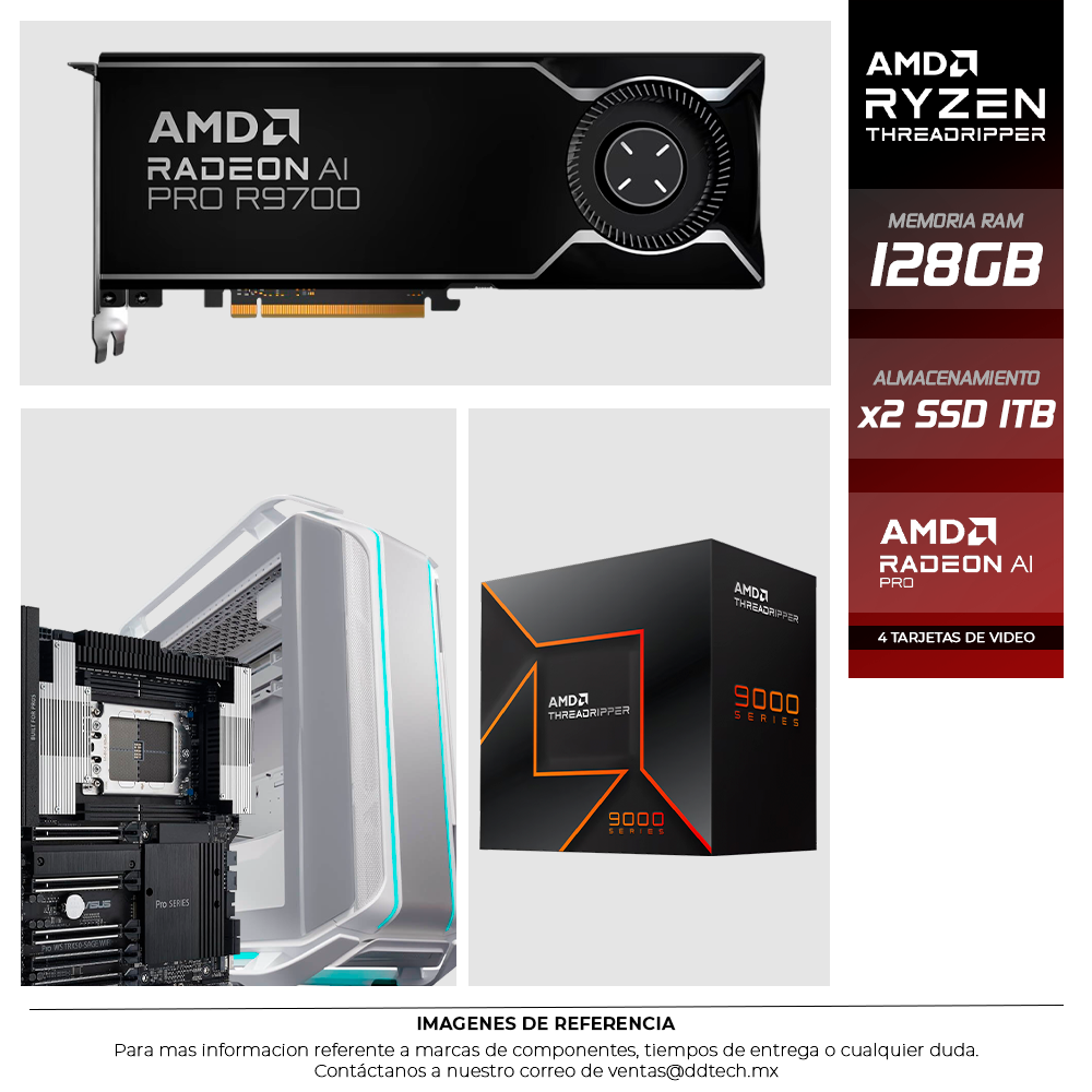 Computadora PRIDE AMD PERFORMANCE AI WORKSTATION, AMD Ryzen Threadripper 9980X, x4 AMD Radeon AI PRO R9700 32GB, CHIPSET TRX50, RAM 128 GB DDR5 ECC RDIMM, X2 SSD 1TB GEN 5, AIO 360MM, 1600W 80+ PLATINO, Gabinete E-ATX, SOBRE PEDIDO