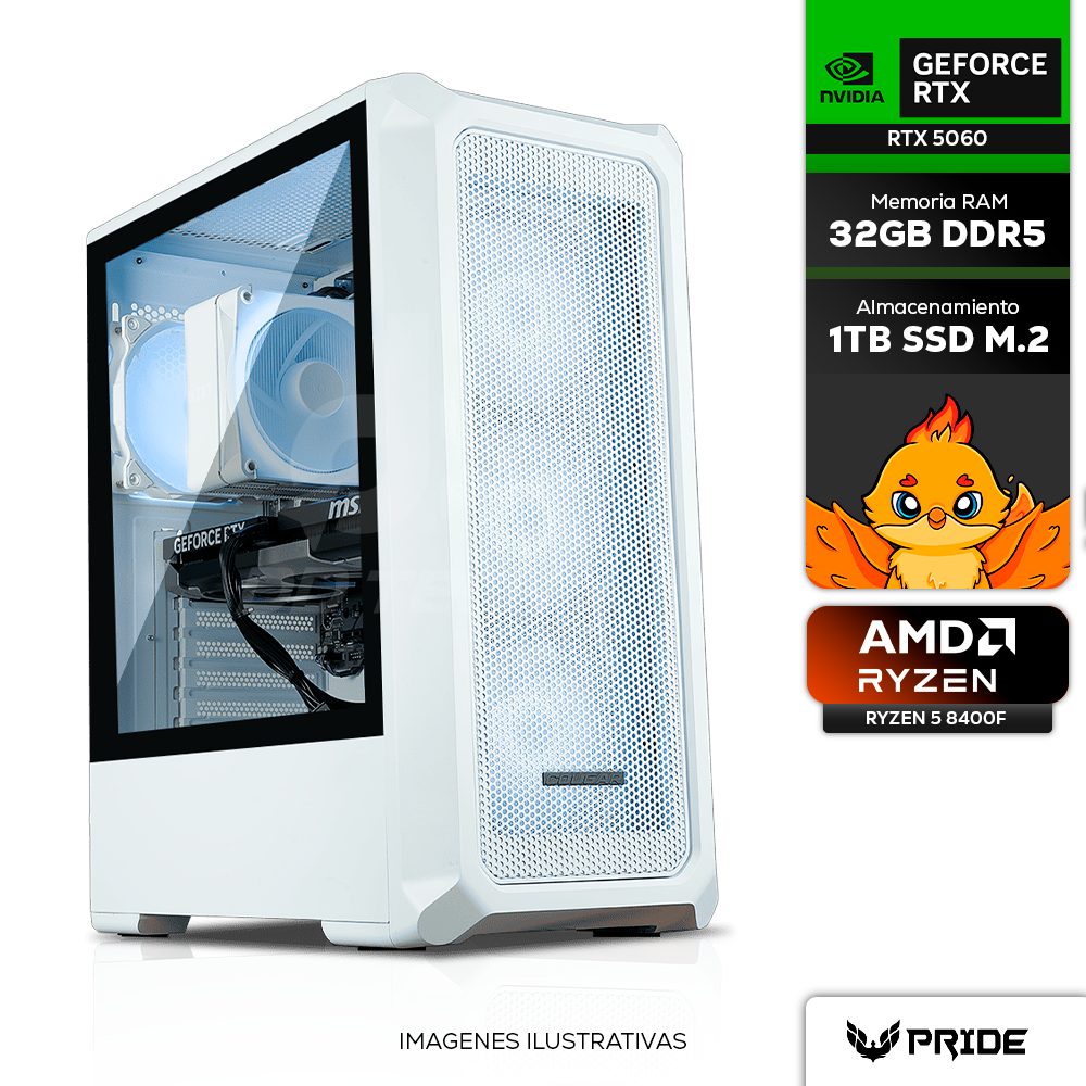 Computadora PRIDE GAMING ZEBRA, NVIDIA GeForce RTX 5060, AMD Ryzen 5 8400F, 32GB RAM, 1TB M.2 NVME, 600W 80+ BRONZE