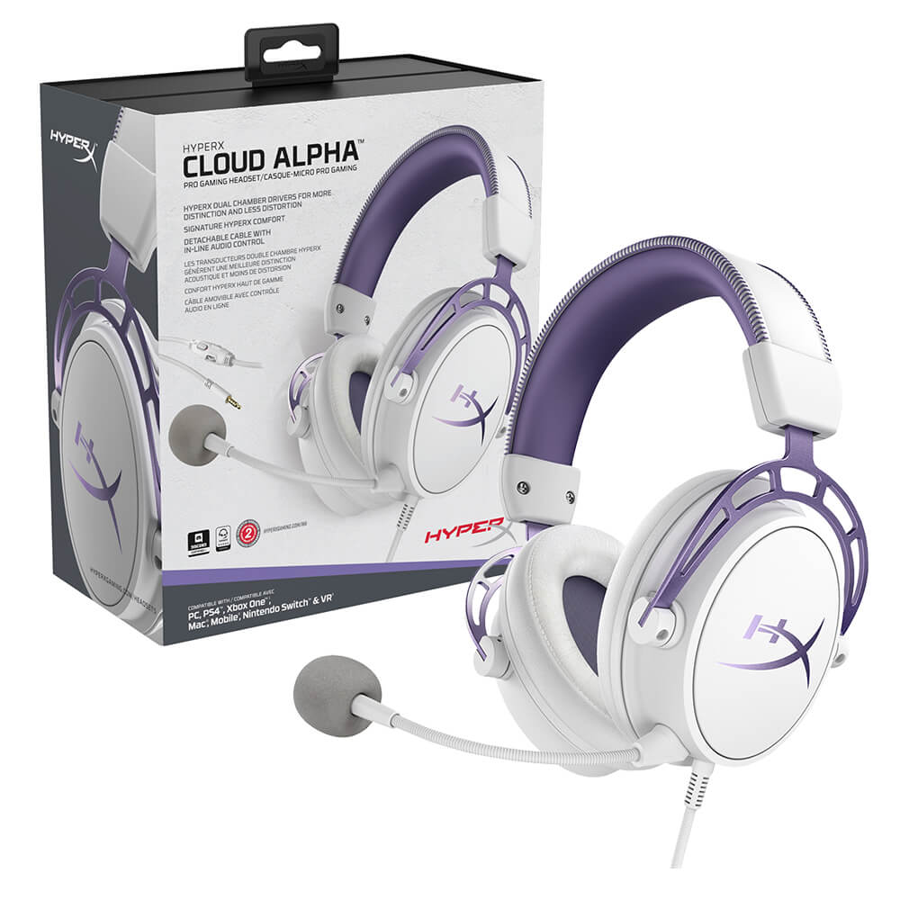 Diadema HyperX Cloud Alpha con Microfono Alambrica Estereo Blanca Morado 1x3.5mm o 2x3.5mm, PC, LAP, CONSOLAS, SMARTPHONE HX-HSCA-PL