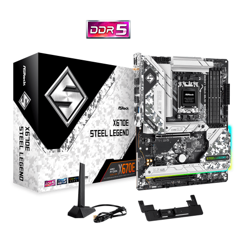Tarjeta Madre ASRock X670E Steel Legend, Support AMD AM5 RYZEN 7000 Series Procesadores, DDR5 6600 MHz, 128GB Max, Audio HD, Wi-Fi, USB 3.2, SATA 3.0, Micro-ATX, 1xPCIE 5.0 x16, X670E STEEL LEGEND
