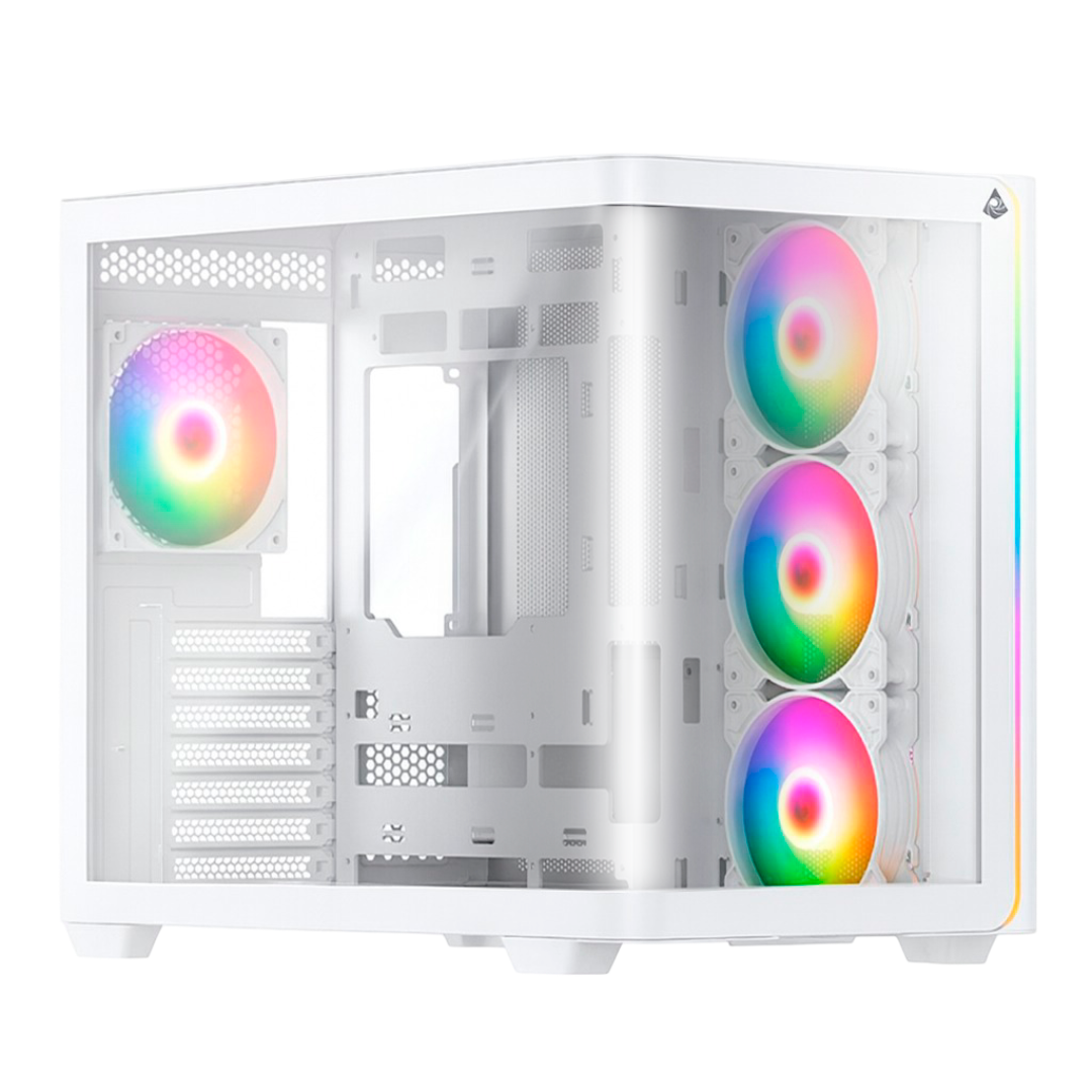 Gabinete Munfrost Hirow, Cristal Full Curve Templado, ATX-Micro ATX-Mini ITX, 4 Ventiladores ARGB Incluidos, Blanco/ NAVIDAD