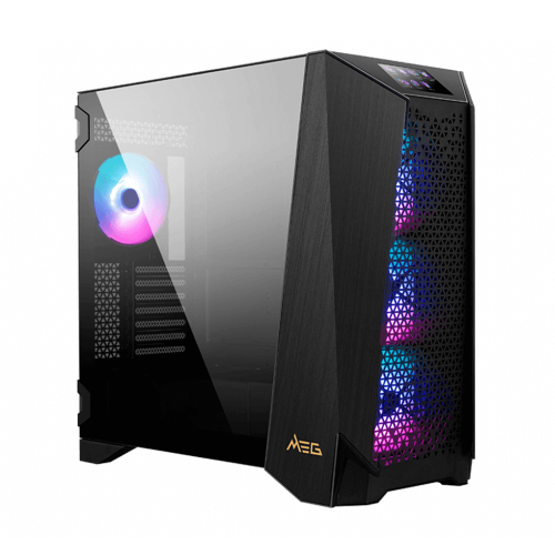 Gabinete MSI MEG Prospect 700R, Pantalla de panel táctil de 4.3 pulgadas, Panel lateral de vidrio templado, Montaje vertical de GPU, 4 ventiladores ARGB, Sistema de gestión de cables