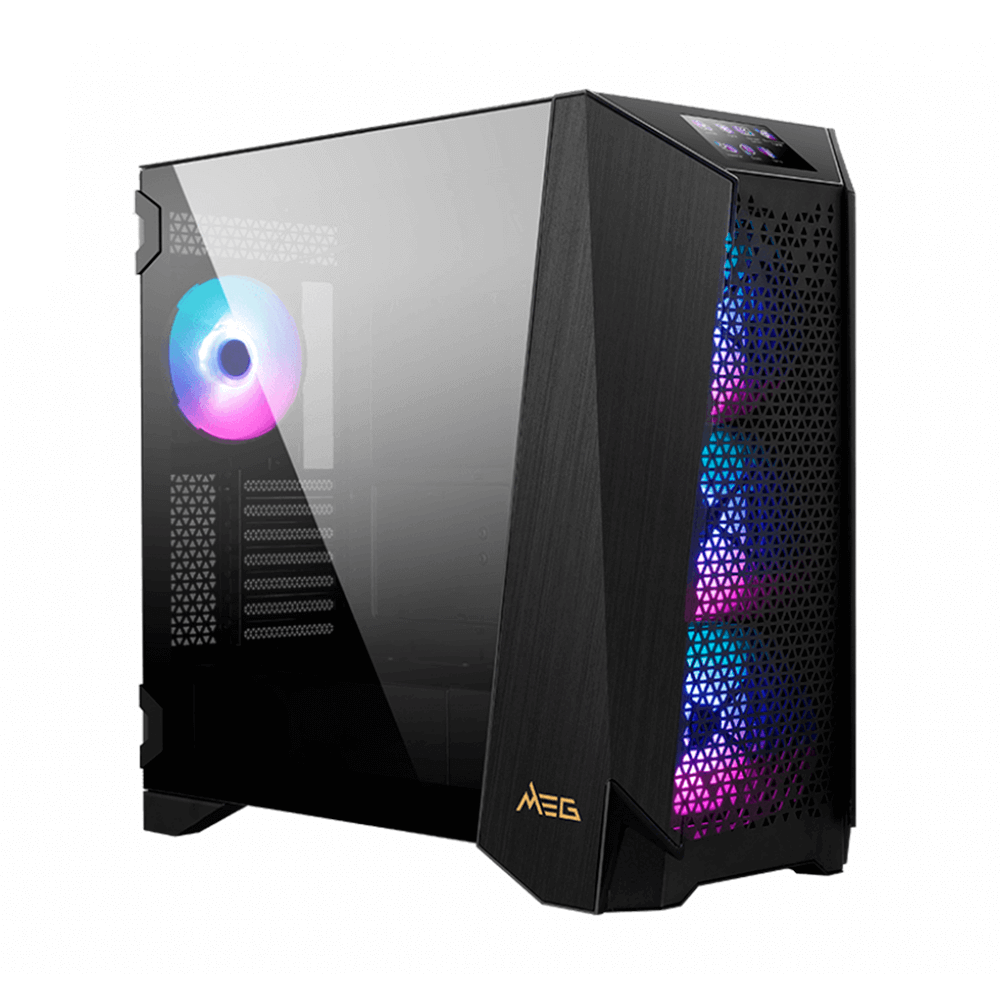 Gabinete MSI MEG Prospect 700R, Pantalla de panel táctil de 4.3 pulgadas, Panel lateral de vidrio templado, Montaje vertical de GPU, 4 ventiladores ARGB, Sistema de gestión de cables