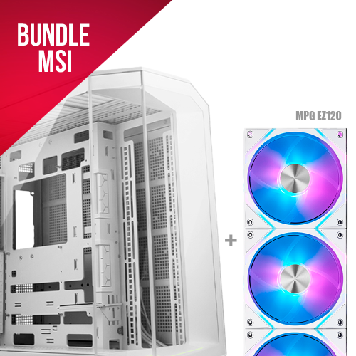 BUNDLE MSI Gabinete MSI MAG PANO 100LPZ, Cristal, ATX-Micro-ATX/ITX, MAG PANO 100L PZ WHITE, Compatible Con Tarjetas Madre PROJECT ZERO + Kit 3 Ventiladores MSI MPG EZ120 ARGB, 3X120mm, ARGB LED, 0~1900 RPM, White
