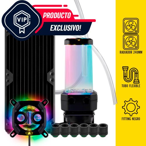 Kit refrigeración liquida personalizada Corsair Hydro X Series, Flexible, 240mm, Incluye bloque, bomba/depósito, radiador 240mm, conectores y tubo flexible