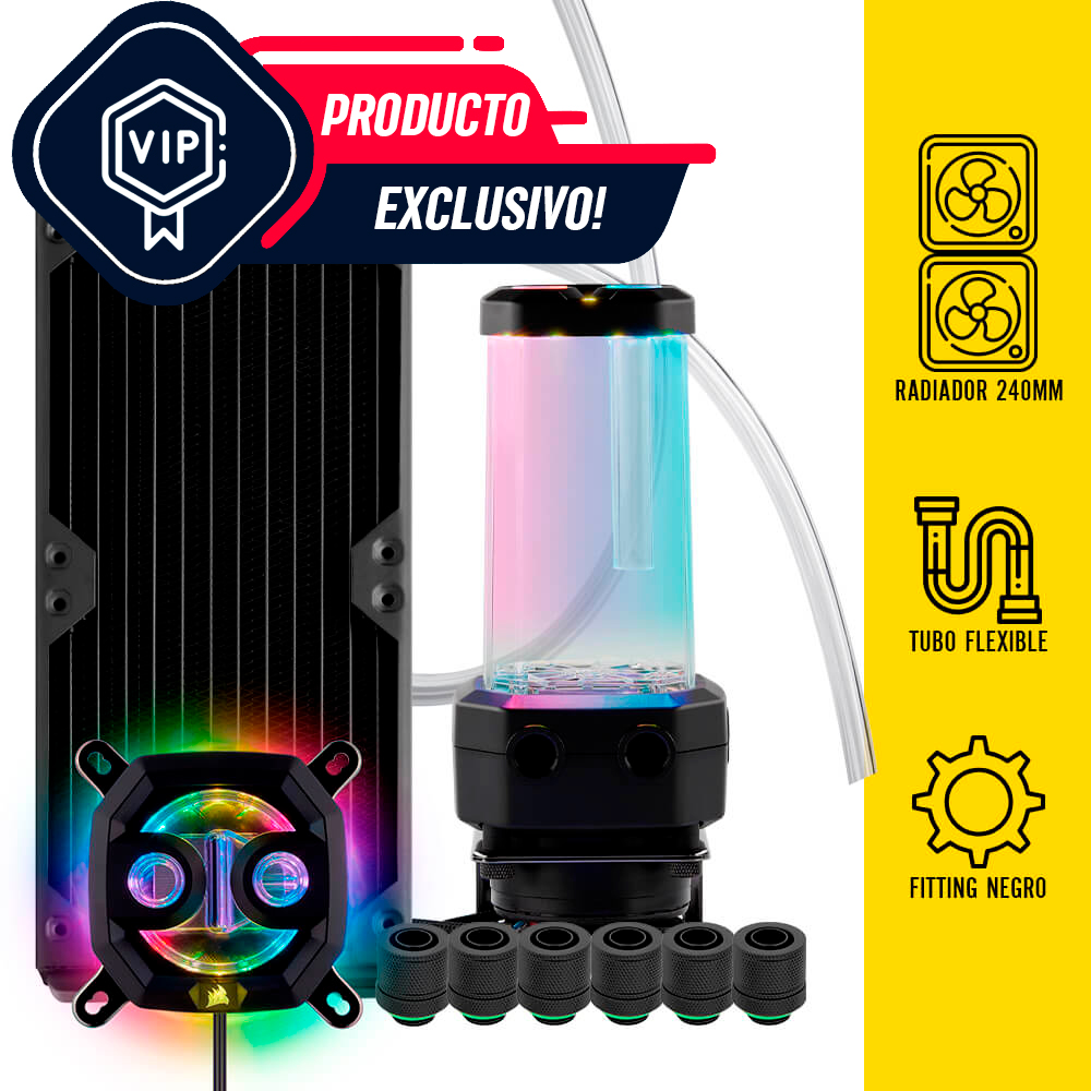 Kit refrigeración liquida personalizada Corsair Hydro X Series, Flexible, 240mm, Incluye bloque, bomba/depósito, radiador 240mm, conectores y tubo flexible