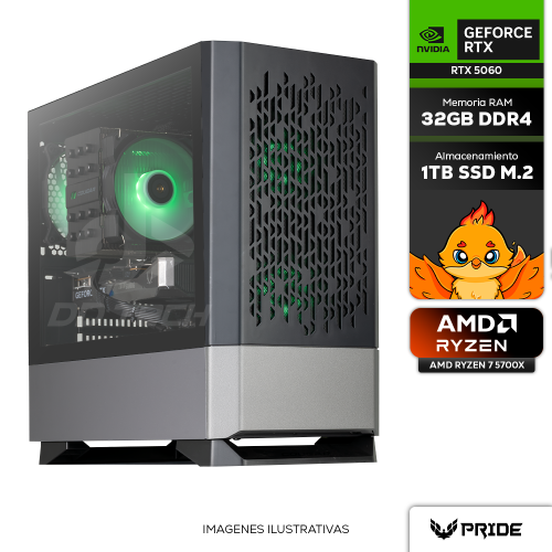 Computadora PRIDE GAMING MG140, NVIDIA GeForce RTX 5060, AMD Ryzen 7 5700X, 32GB RAM DDR4, 1TB M.2 NVME, 750W 80+ BRONZE, INCLUYE WIFI Y BT, UNICA PIEZA
