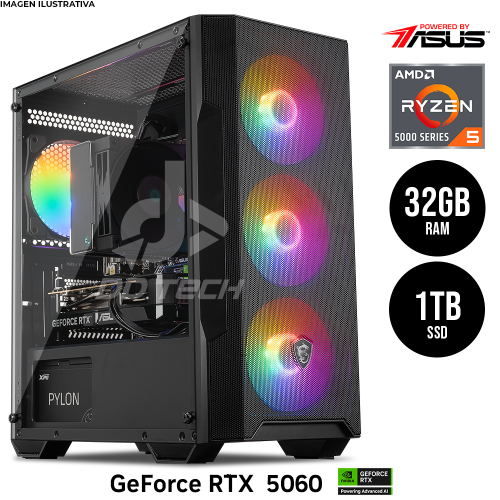 Computadora PRIDE GAMING PBA SCORPION, NVIDIA GeForce RTX 5060, AMD Ryzen 5 5600x, 32GB RAM, 1TB M.2 NVME, 650W 80+ BRONZE, INCLUYE WIFI Y Bluetooth