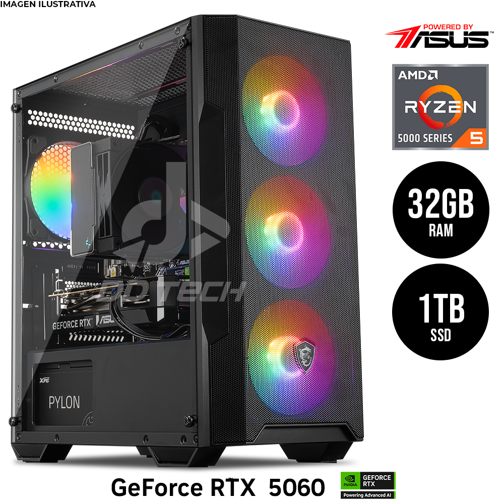 Computadora PRIDE GAMING PBA SCORPION, NVIDIA GeForce RTX 5060, AMD Ryzen 5 5600x, 32GB RAM, 1TB M.2 NVME, 650W 80+ BRONZE, INCLUYE WIFI Y Bluetooth