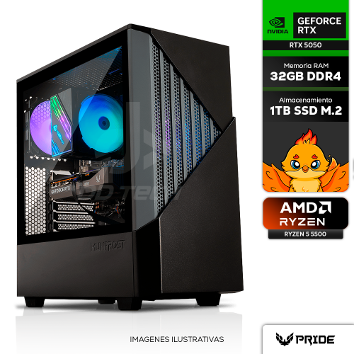 Computadora PRIDE GAMING OSTRICH V4, AMD Ryzen 5 5500, RTX 5050 8GB, 32GB RAM 3200MHZ, 1TB SSD M.2, 650W 80+ BRONZE, INCLUYE WIFI Y BT